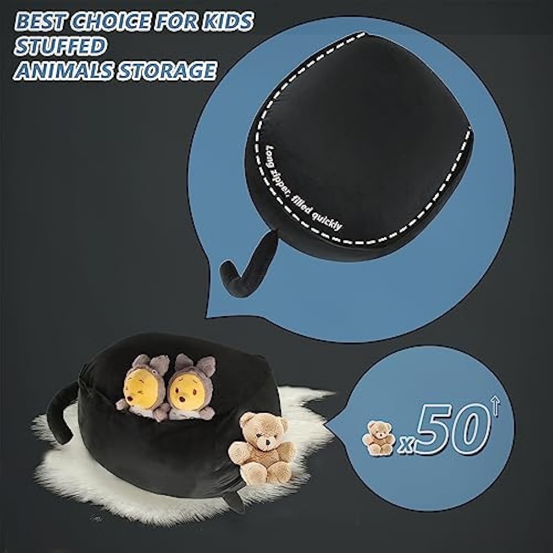 cuebear Stuffed Animal Storage Bean Bag Chair Cover for Kids Black Cat Beanbag Chair for Girls Large Size Toy Organizer Cover Only without Filling