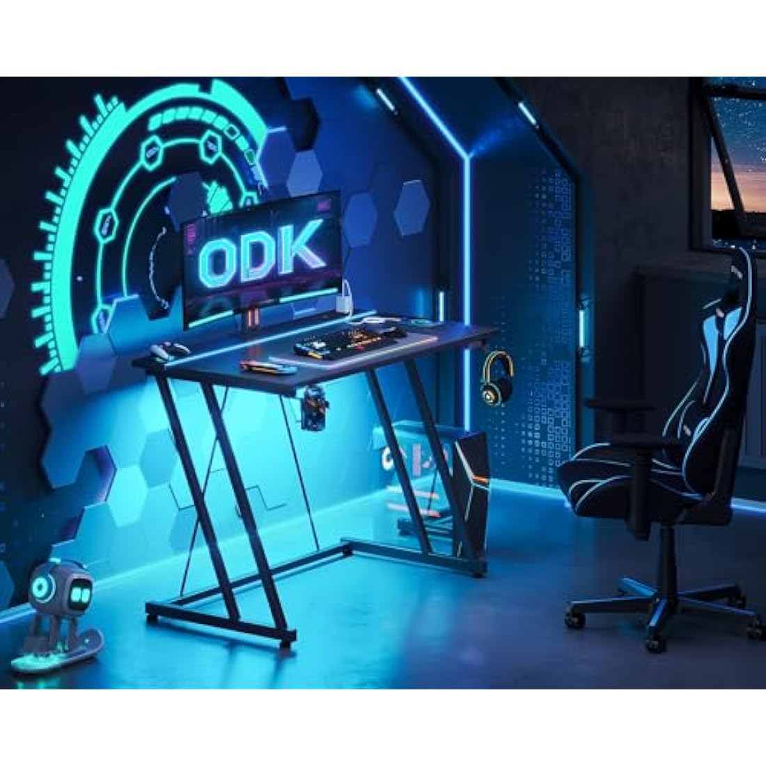 ODK Gaming Desk with LED Lights & Power Outlet, Gaming Table with Cup Holder and Headphone Hook, Double Z Frame Design Computer Desk Carbon Fiber Black 80 cm