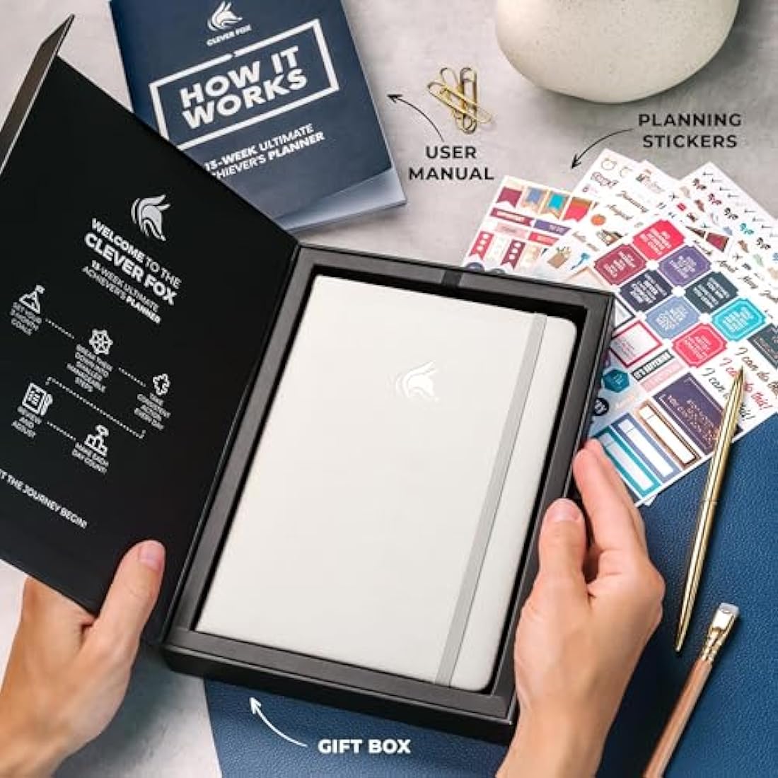 Clever Fox Ultimate Achiever’s Goal Planner - Focus & Productivity 90 Day Journal. Daily Weekly Monthly Planner Organizer & Hourly Schedule Notebook - Undated, Hardcover, A5 Size, Pearl White