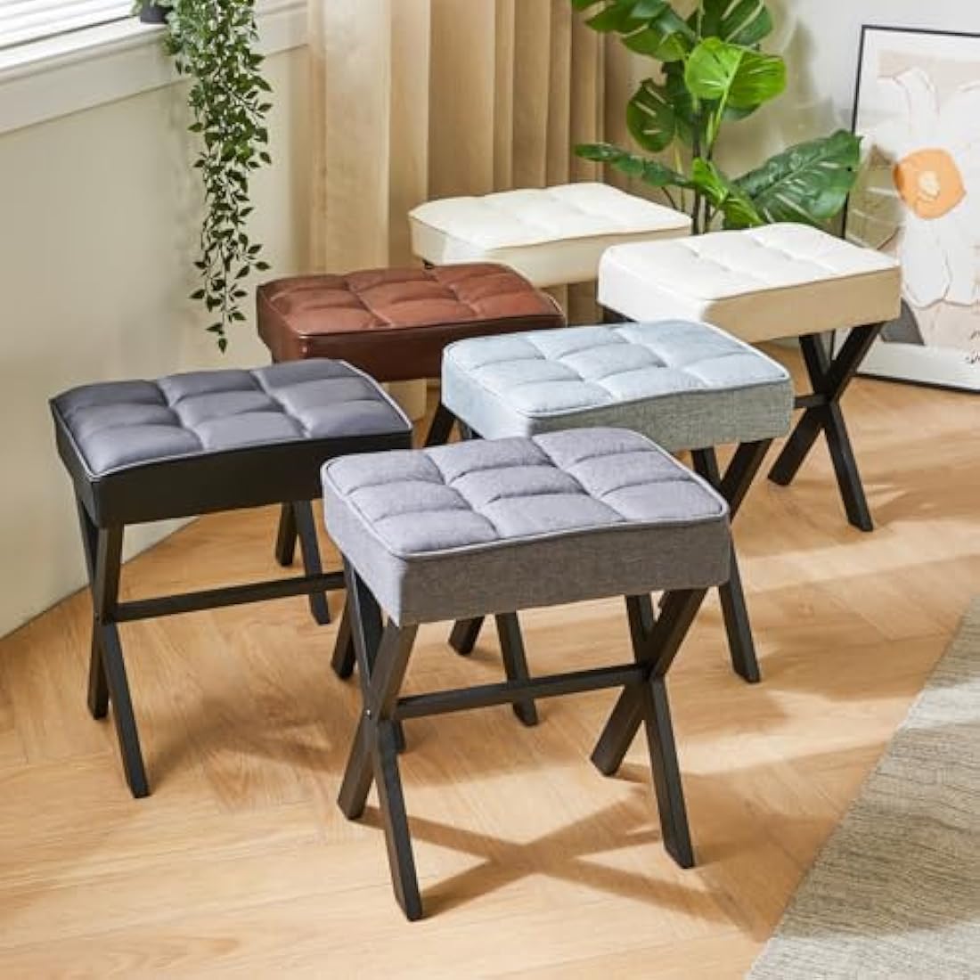 IBUYKE Square Makeup Stool with X-Leg Foot Rest, Linen Footrest, Ottoman Seat Vanity Stool, Multi-Use as Small Side Table, for Bedroom, Living Room, Linen L/G-70Y