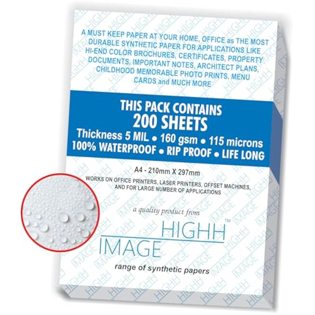Waterproof Paper | 200 Sheets, A4, 160 GSM Thickness 5 MIL, Synthetic Paper, from HIGHH Image for Laser Printers. This is not for Inkjet Printers