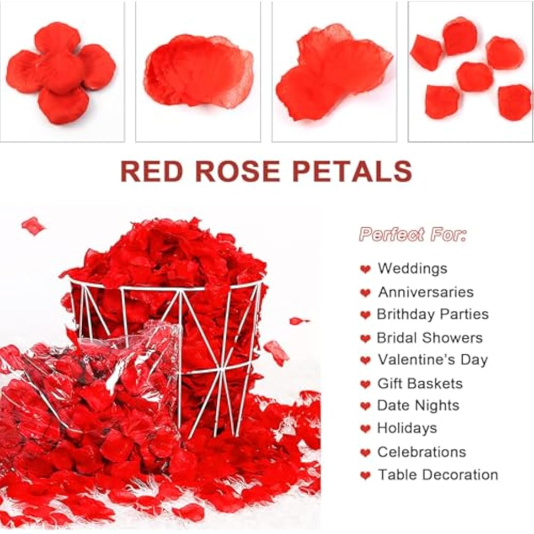 Redamancy 1200 pcs Red Rose Petals, Artificial Rose Flowers, No-Taste Emulation Silk Rose Petals for Wedding, Valentine's Day, Confession, Party Decoration