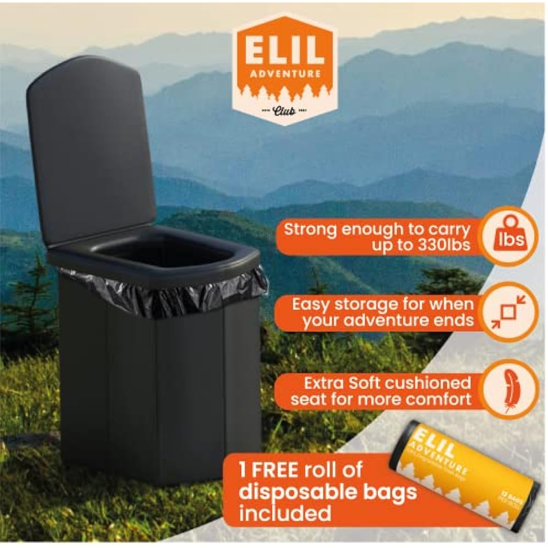 Portable Toilet for Adults Camping Porta Potty, Extra Tall Bathroom Emergency Seat for Car, Poo Powder with Trash Bag with Foldable Toilet with Lid,Carry Bag