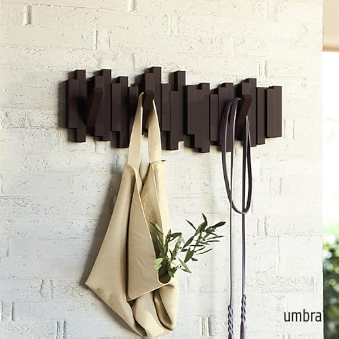 Umbra Sticks Multi Rack – Modern, Unique, Space-Saving Hanger with 5 Flip-Down Hooks for Hanging Coats, Scarves, Purses and More, Espresso, 19-1/2" x 7-1/4" x 1" h