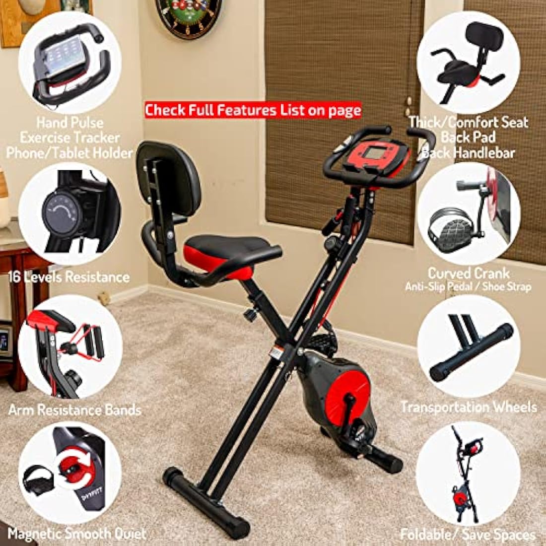 YYFITT Foldable Fitness Exercise Bike with Resistance Bands, 16 Magnetic Resistance Levels with Pulse Sensor, Phone/Tablet Holder with Smooth and Quiet Cycling