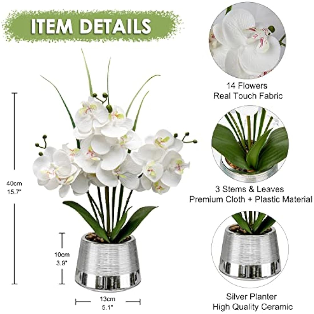 Oairse 40cm Artificial Orchid Flowers White Artificial Flower in Silver Ceramic Pots Real Touch Silk Phalaenopsis with 14 Flowers Fake Orchids Plant for Home Kitchen Bathroom Table Centerpiece Decor