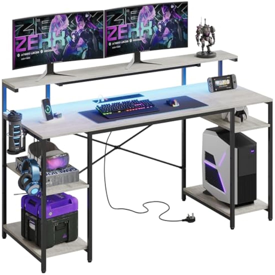 Bestier 140 CM Computer Desk with Power Outlets & LED Lights with Monitor Shelf Gaming Desk with Shelves Writing Desk with Storage Office Desk &Workstation for Home Office Bedroom