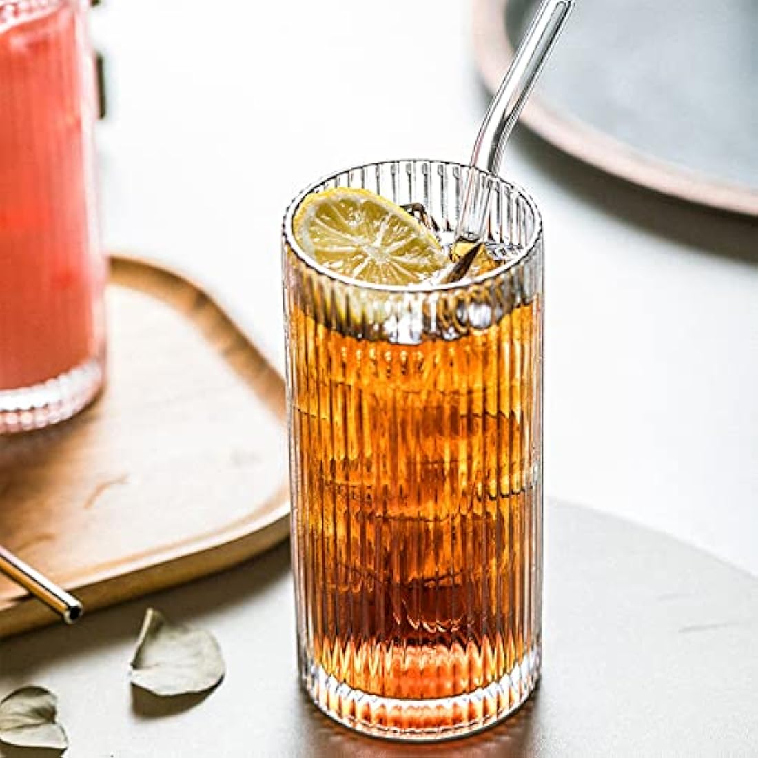 Drinking Glasses with Origami Style Set of 4pcs Glass Cups, 2 Highball Glasses & 2 Rocks Glasses, Elegant Ripple Vintage Glassware, Iced Coffee Glasses, Ideal for Cocktail, Whiskey,Beer