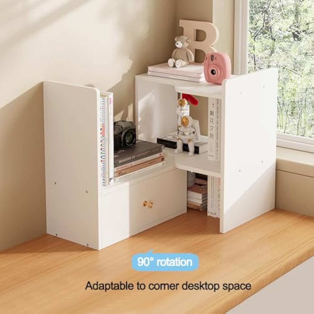 NUODWELL Expandable Desktop Bookshelf, Freestanding Adjustable Office Storage Rack Desk Tidy Organiser Countertop Bookcase for Office & Home (White)