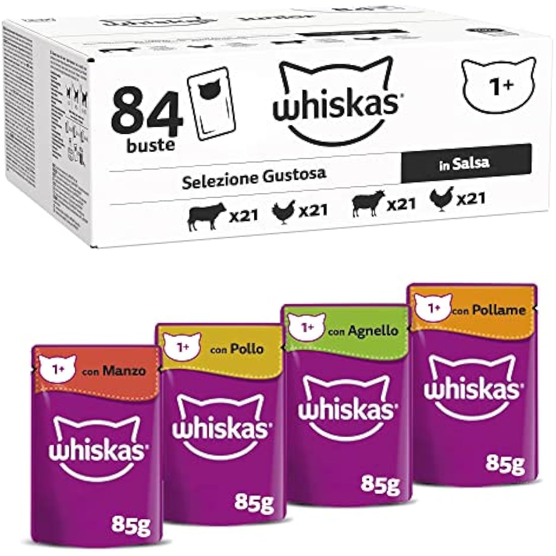 whiskas 1+ Adult Classic Selection in Gravy 84 Pouches, Adult Wet Cat Food, Megapack (84 x 85 g)