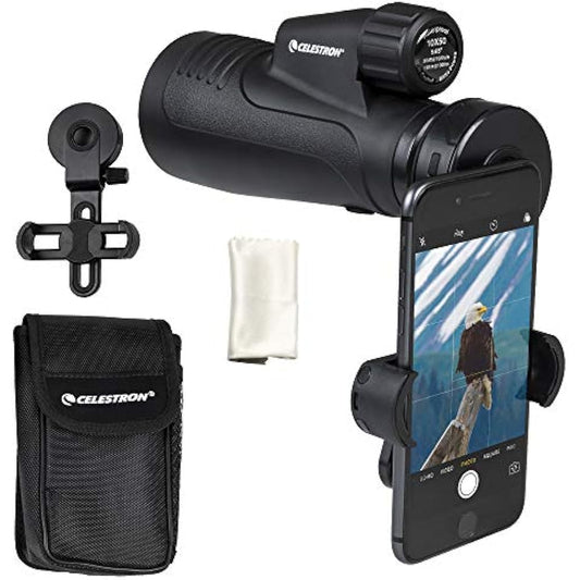 Celestron 72370 Outland X 10x50 Waterproof Monocular with Smartphone Adapter, Bluetooth Remote, Eyepiece Covers and Belt Case - Durable Housing, BaK-4 Prism Glass and Multi-Coated Optics, Black