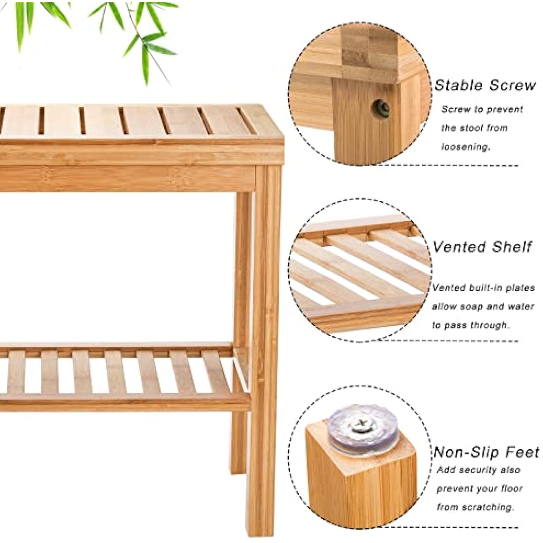 SOUJOY Bamboo Shower Bench, Bath Seat Stool, Spa Foot Rest Shaving Stool, Storage Shelf for Shampoo Towel, Works in Inside Bathroom, Living Room, Bedroom, Garden Leisure