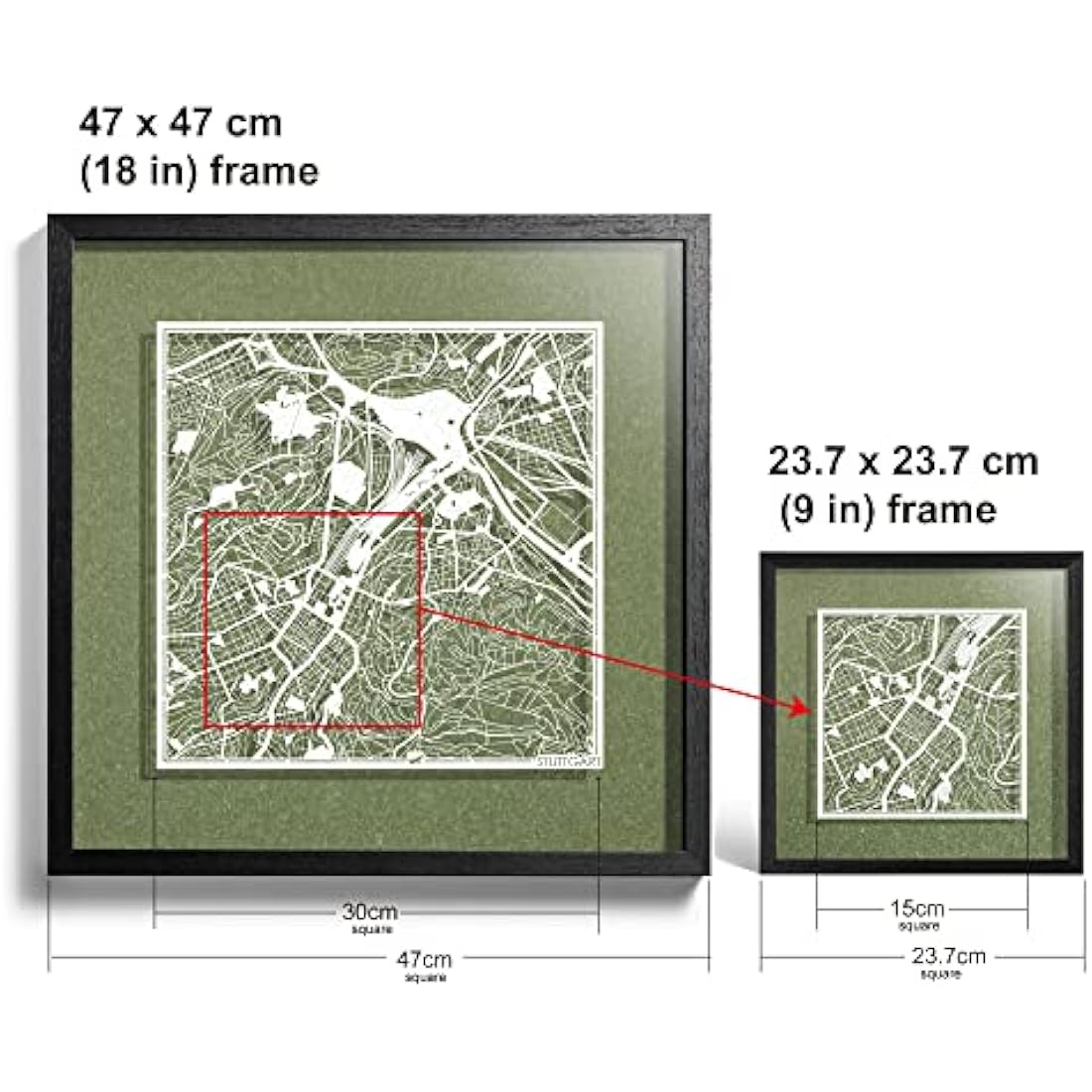 O3 DESIGN STUDIO Stuttgart Paper Cut Map framed, White map, Black frame, 9x9 inches, Gift Boxed, 4 background color, self-changing, Paper Art