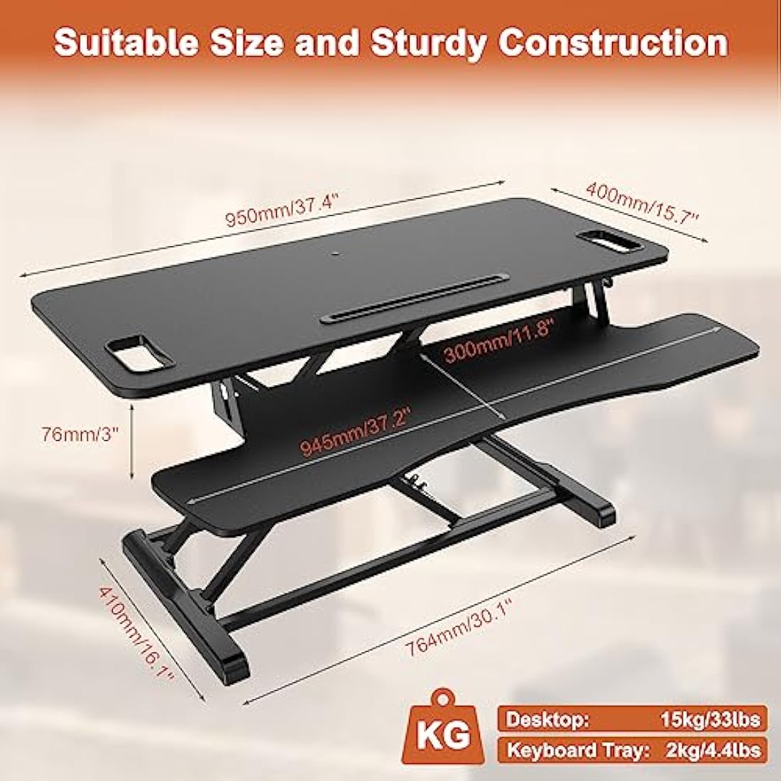 PUTORSEN 37.4 inch Standing Desk Converter, Height Adjustable Ergonomic Adjustable Sit Stand Desk Converter with 37.2 inch Keyboard Tray and Tablet Slot, Black