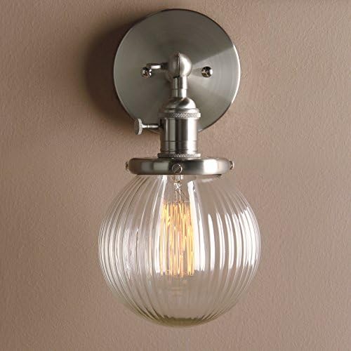 PathsOn 15cm Industrial Modern Vintage Retro Wall Lights, Loft Bar Kitchen Sconce Lights Lamp Fixture with Ribbed Globe Clear Glass Light Shade(Brushed)