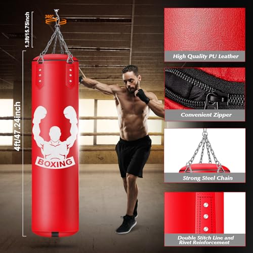 YORWHIN Heavy Punch Bag Set, 4FT Unfilled Kicking Bag, Reflex Ball, MMA Gloves, Wristband, Boxing Training Equipment for Adults, Karate, Kickboxing,