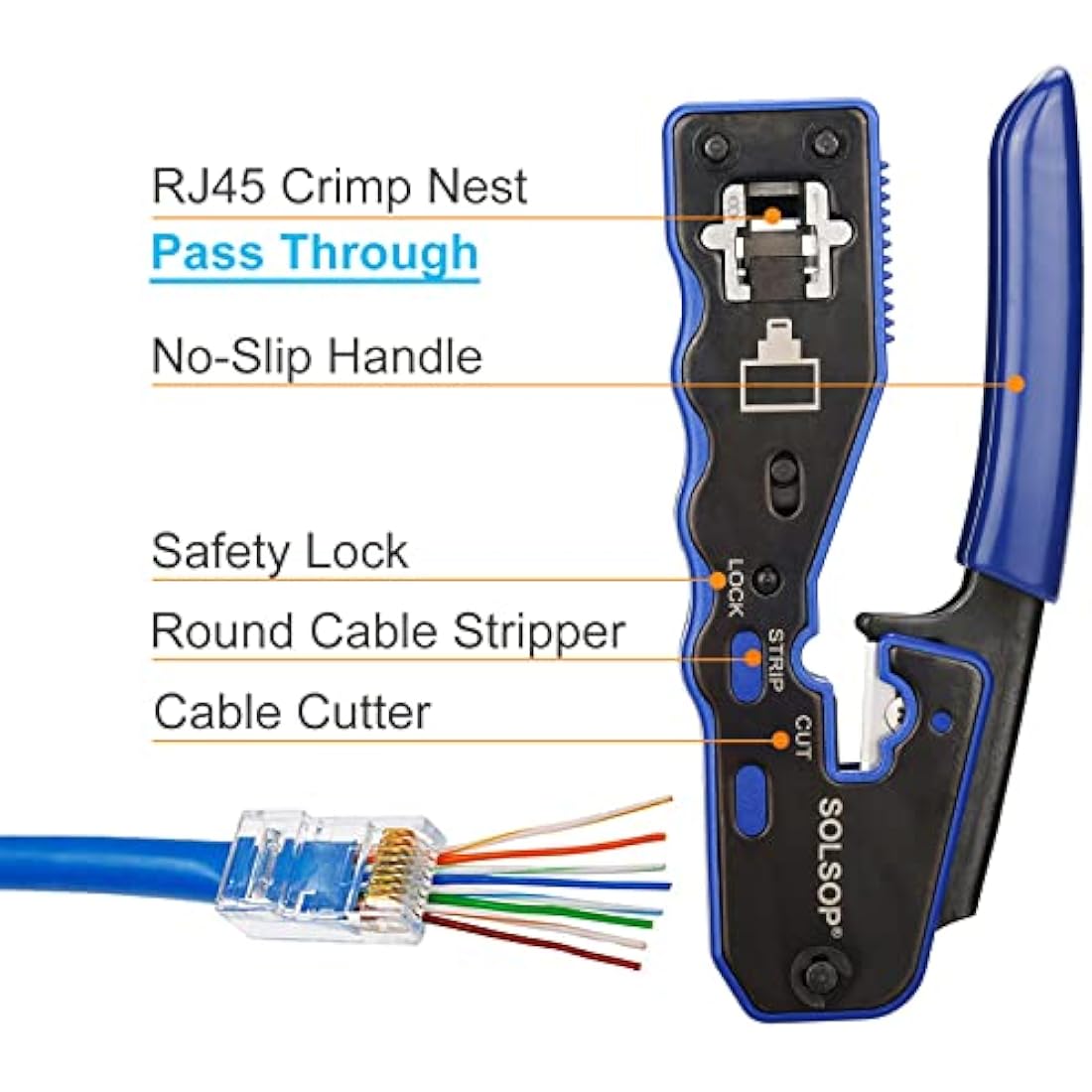 Solsop Network/Phone Cable Tester RJ45 Crimp Tool Pass Through Modular CAT6 Crimping Tool Kit, 50PCS CAT6 Pass Through Connectors, 50PCS RJ45 Boots, Mini Wire Stripper, Wire Cutter plier