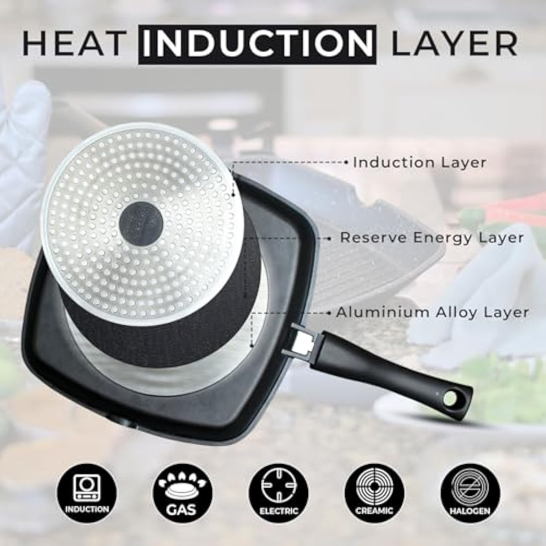 Chef Wonderful Non-Stick (28cm) Griddle Pan for Induction Hob, Marble Coating & Detachable Handle. Aluminium Steak Pan for All Induction Hobs with Glove & Cloth. Suitable for Gas & Oven Grilling