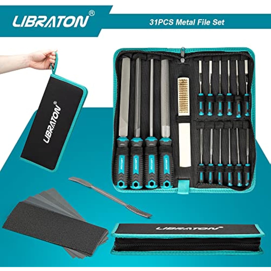 Libraton Metal File Set, Metal Files 31PCs, Metal Files for Steel, 12 Needle Files with Case, Riffler File, 12 Sandpapers, Steel Brush, File Sets for Wood and Metal, for Metalworking & Woodworking