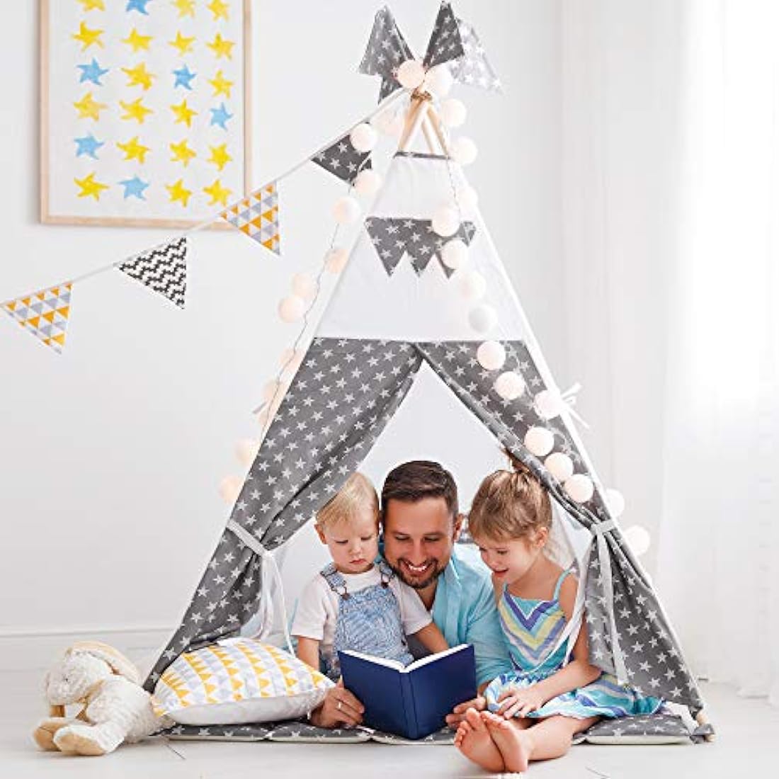 Wilwolfer Teepee Tent for Kids Foldable Children Play Tent for Girl and Boy with Carry Case 4 Poles White Canvas Playhouse Toy for Indoor and Outdoor Games (Grey Teepee Tent)