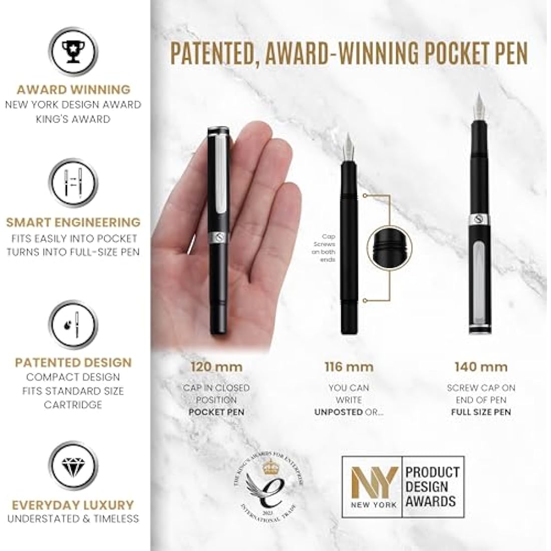 Scriveiner Luxury EDC Fountain Pen (Fine), Stunning Matt Black with Chrome Finish, Schmidt German Nib, Converter, Best Writing Gift Set for Men & Women, Nice Fancy Office Designer Pocket Pen