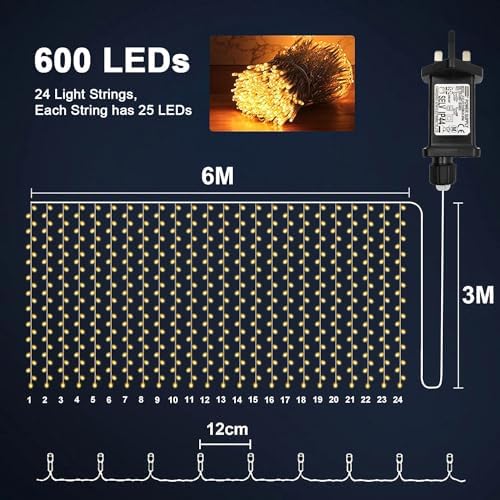 yowin 2 Pack Curtain Lights 600 LED 6m x 3m Gazebo Lights Mains Powered with Timer, 8 Modes Curtain Fairy Light Outdoor Waterproof Wall Hanging Light for Pergola Indoor Bedroom Wedding Decorations