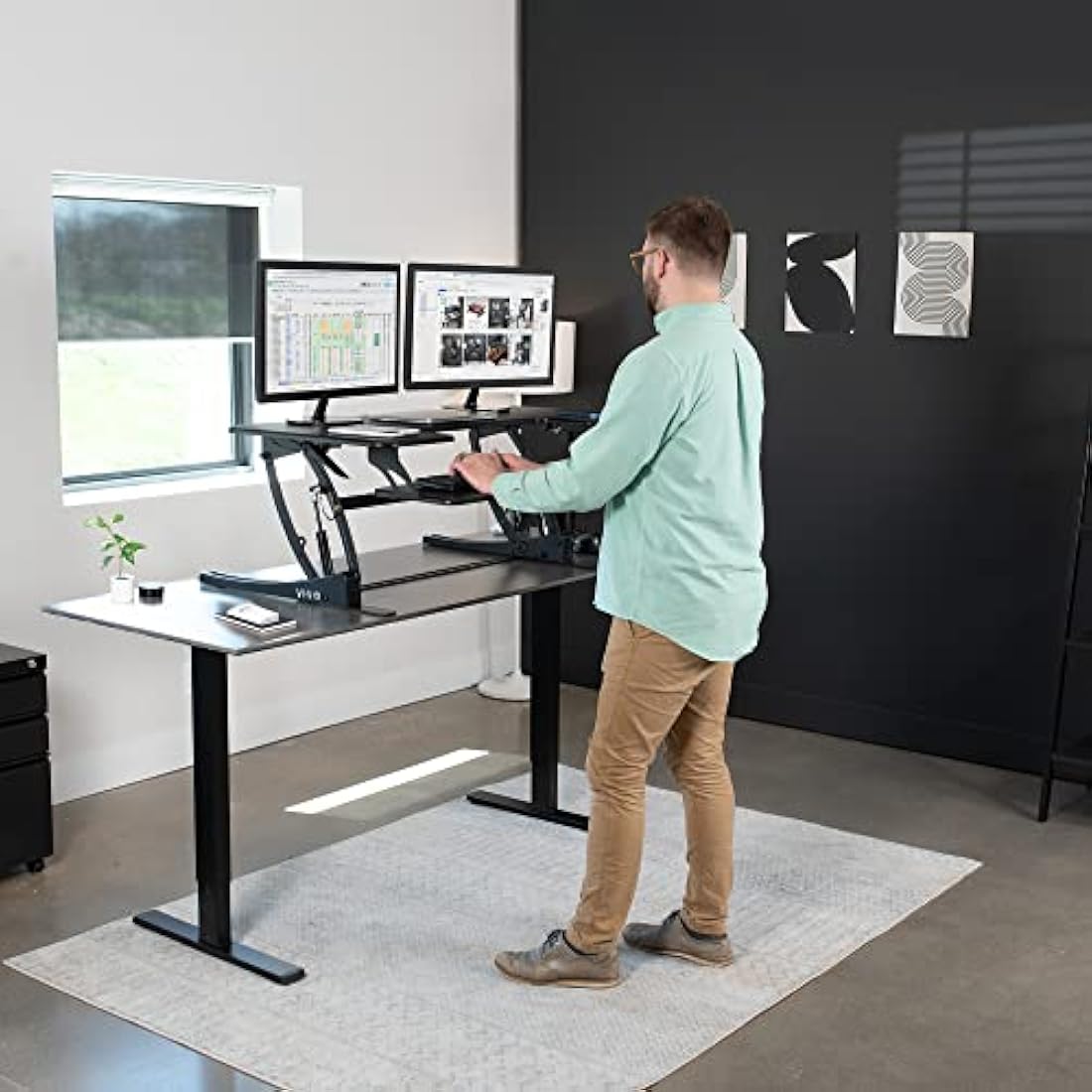VIVO 107cm Height Adjustable Stand Up Desk Converter, V Series, Quick Sit to Stand Tabletop Dual Monitor Riser Workstation, Black, DESK-V000VL