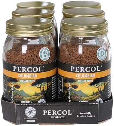 Percol - Smooth Colombian Instant Coffee (6x100g), 100% Hand-Picked Colombian Arabica, Freeze Dried, Light & Fruity Citrus Notes, Strength 3, Sustainable, Metal Lid, Recyclable, Rainforest Alliance
