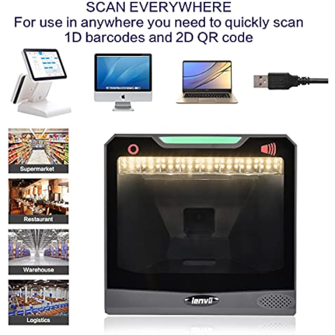 LENVII Gray Barcode Scanner, Desktop Auto Scan 2D Omnidirectional Platform Hands-Free Image Sensing Scanner, QR Code 1D Reader, for Supermarket Library Retail Store, USB Cable Connected