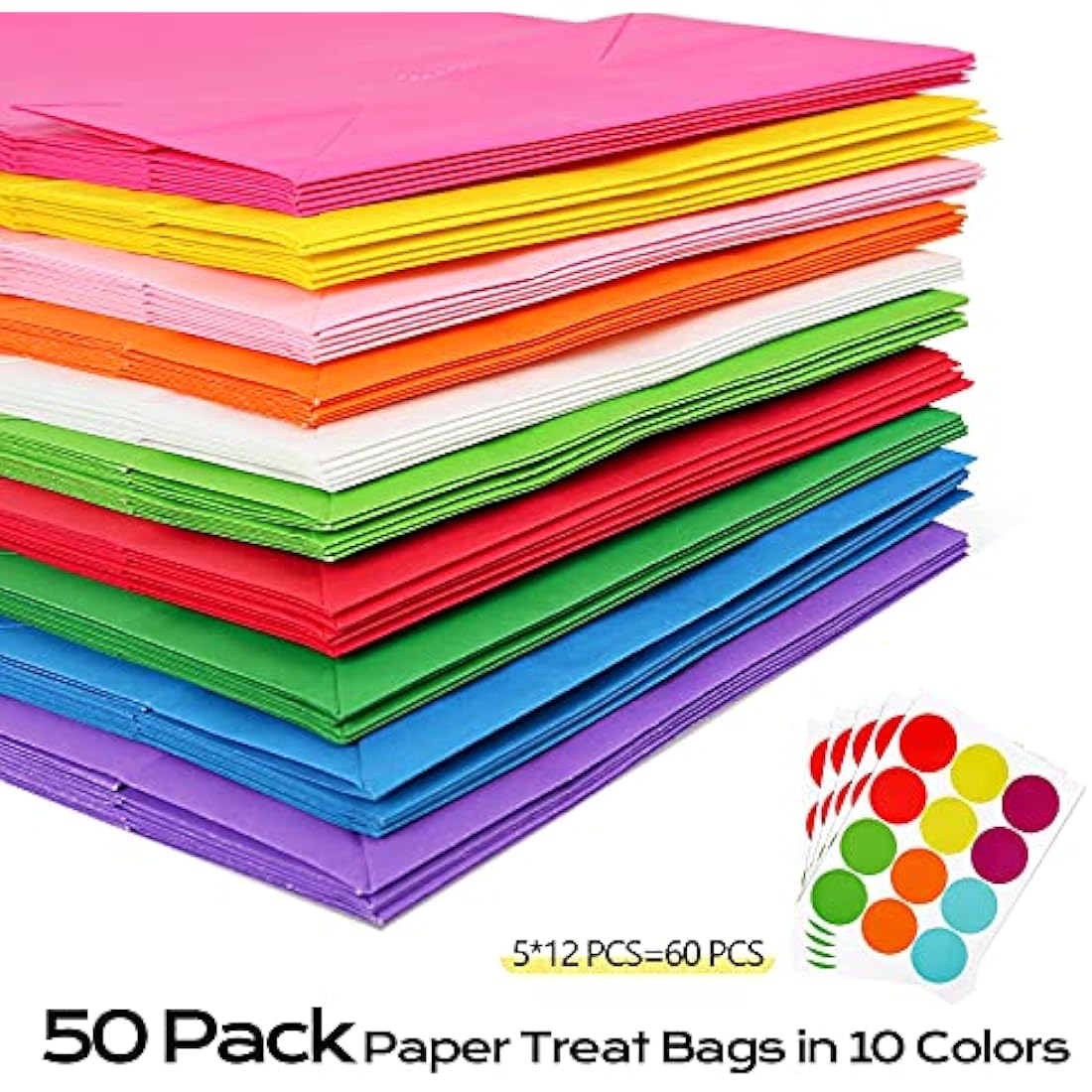 50 PCS Paper Party Bags for Kids, TOOELMON Multi-Color Kraft Paper Gift Bags Candy Goodie Treat Bags with 60 PCS Stickers for Halloween, Christmas, Birthday, Wedding Parties (130 * 80 * 240mm)