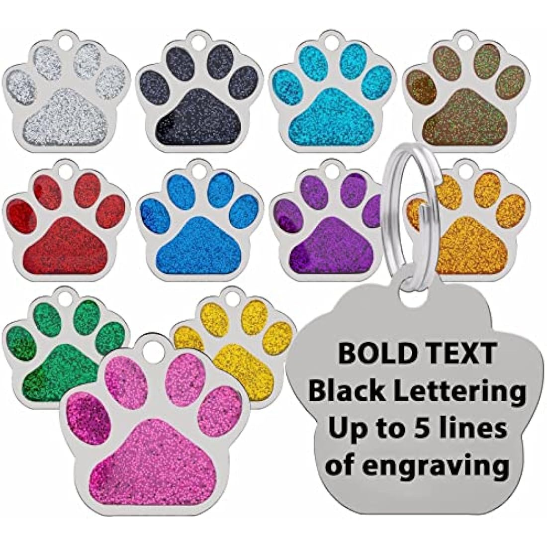 Dog Cat Pet Tag ID Collar Tags Personalised Black Bold Lettering Engraved 27mm with Glitter Paw Print (Green)