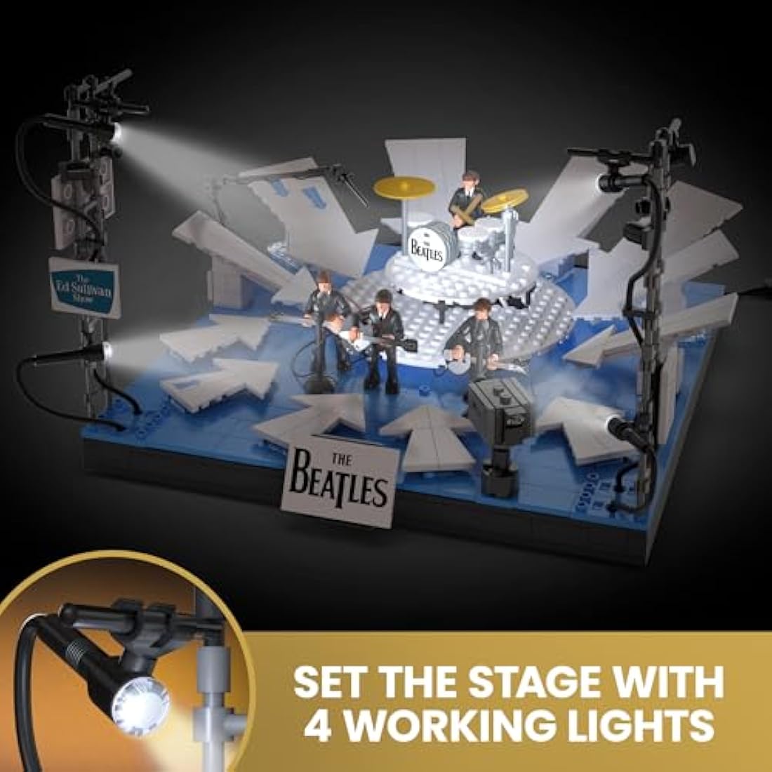 MEGA The Beatles Building Set with 681 Pieces, 4 Poseable Action Figures and Ed Sullivan Stage, with LED Lights, for Adult Collectors, HVH42