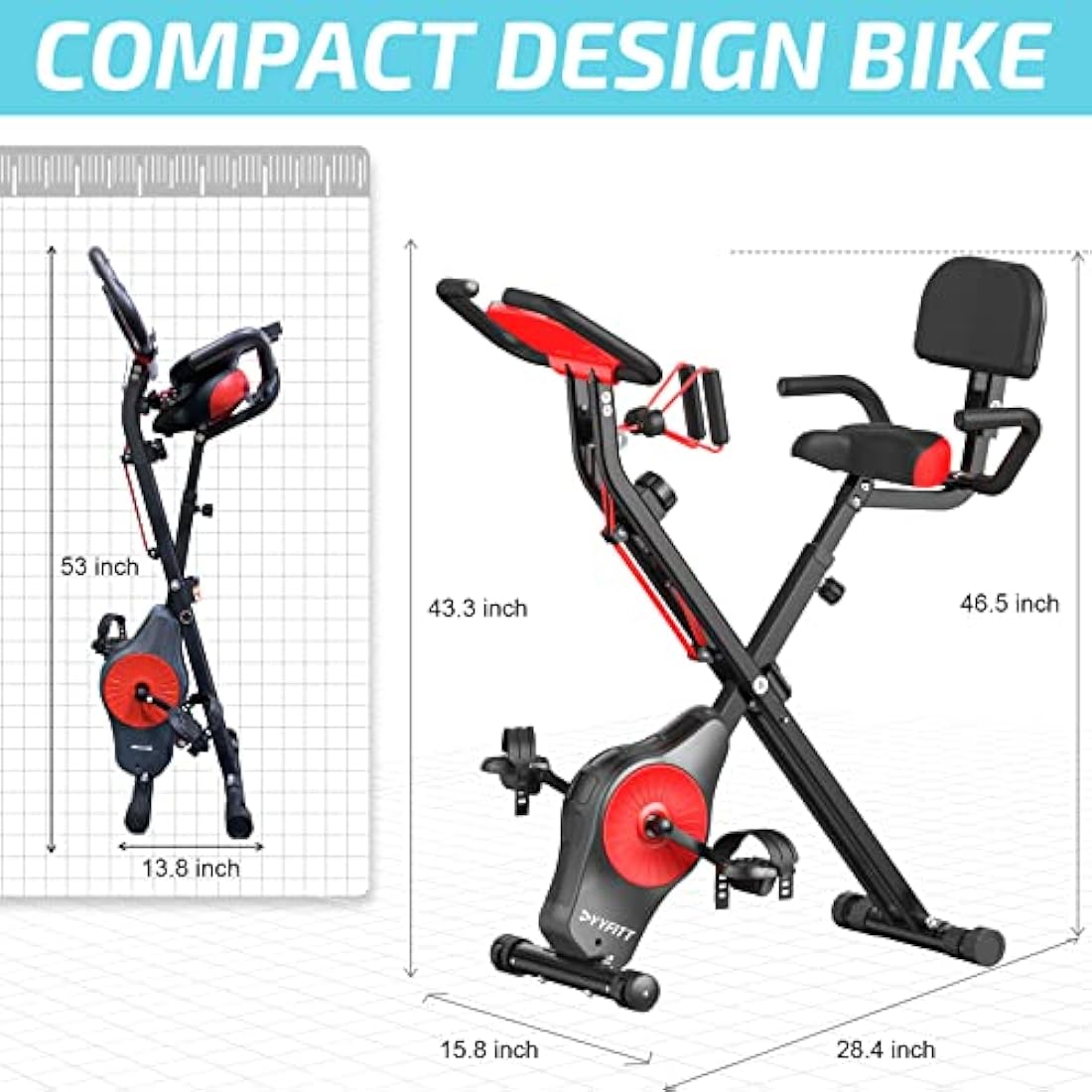 YYFITT Foldable Fitness Exercise Bike with Resistance Bands, 16 Magnetic Resistance Levels with Pulse Sensor, Phone/Tablet Holder with Smooth and Quiet Cycling