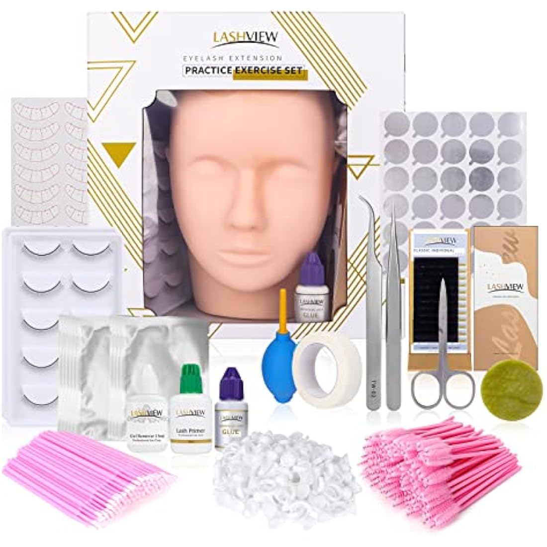 LASHVIEW Eyelash Extension Kit, with Mannequin Head Practice Exercise Set, Training Lash Extension Supplies for Beginners Include Individual Lashes Glue Tweezers and Training Lashes