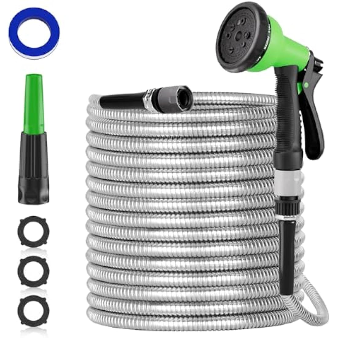 SPECILITE 100ft 304 Stainless Steel Garden Hose, Heavy Duty Flexible Metal Water Pipe with 2 Nozzles for Yard, Outdoor,No Kink and Tangle,Puncture Resistant