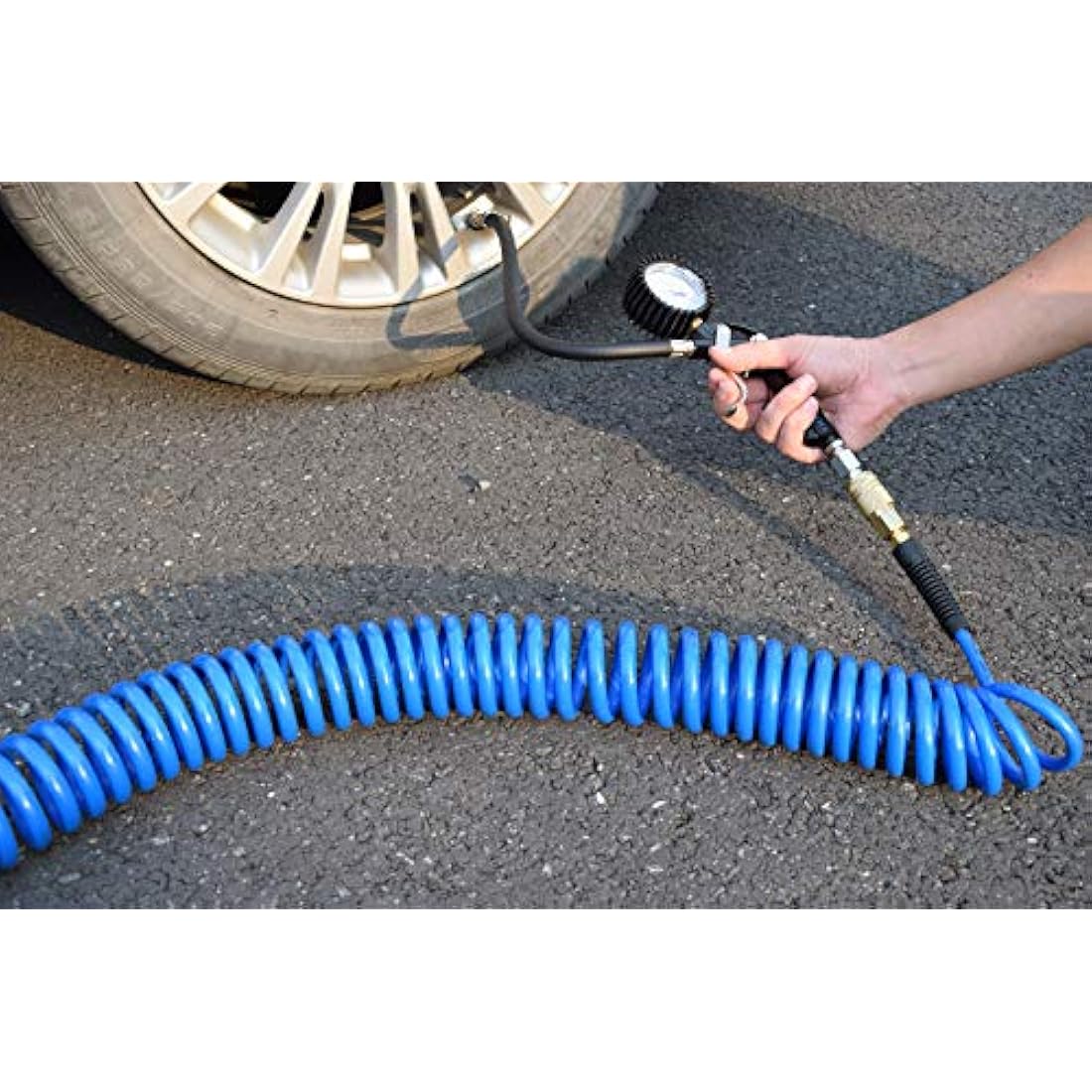 YOTOO 2 Pcs Air Compressor Hose Polyurethane Recoil 10m Long 6mm ID x 9.5mm OD with Bend Restrictor, 1/4" Europe Quick Coupler and Plug, Blue