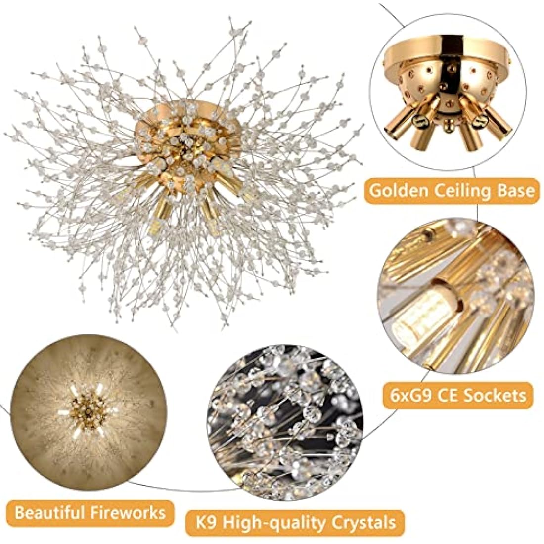 Rayofly Modern Crystal Chandeliers Ceiling Light, Fireworks Chandelider, Gold K9 Crystals Ceiling Lights, Flush Mount Lighting, 6 G9 LED, Golden Lamps for Living Room, Bedroom, Dining Room, Hallway