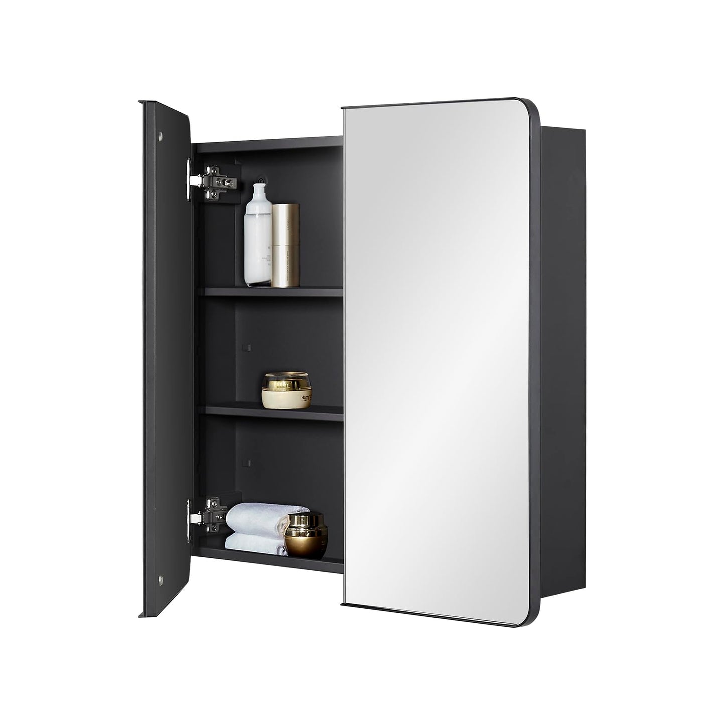 Fundin Bathroom Mirror Medicine Cabinet with Storage - Double Door, Metal Framed Round Corner, Adjustable Shelves, Matte Black, Surface Mount Wall