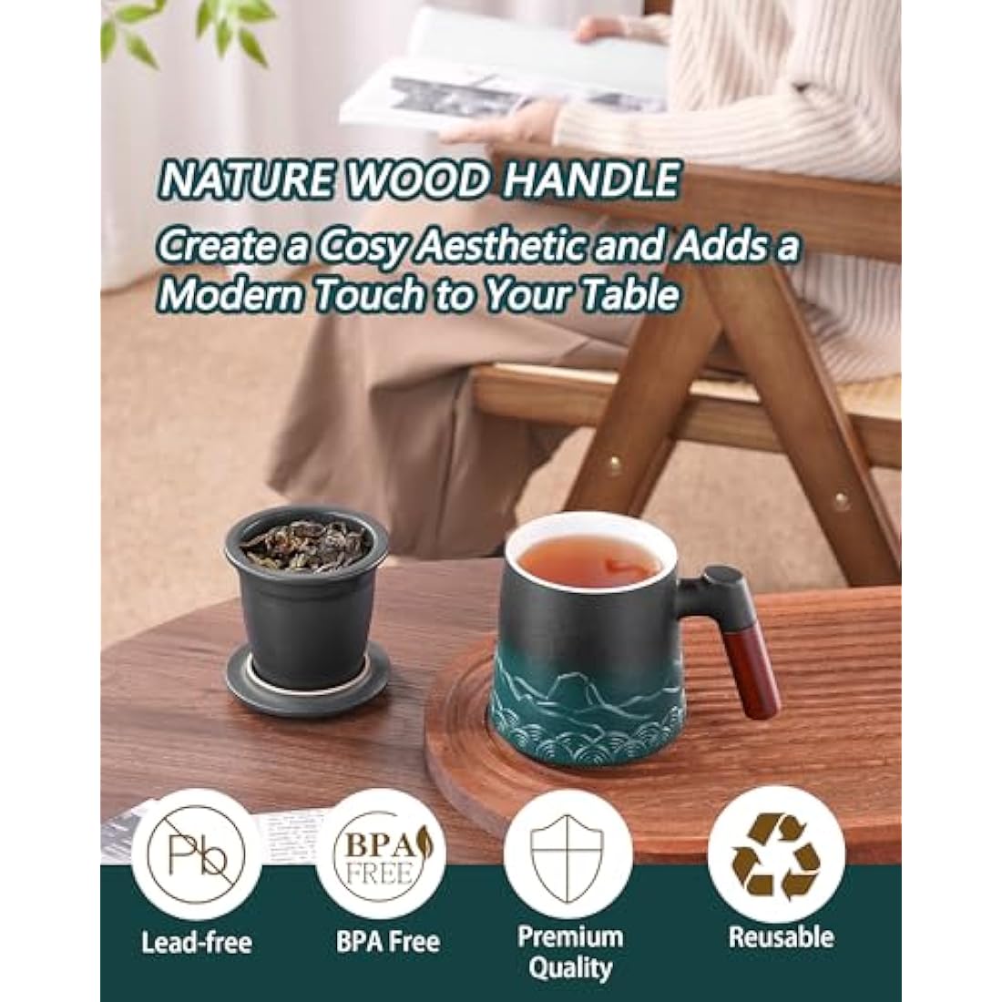 ZENS Tea Infuser Mug With Lid, 500ml Gradient Embossed Loose Leaf Ceramic Steeping Cup, Rosewood Handle, for Gifts - Black & Green