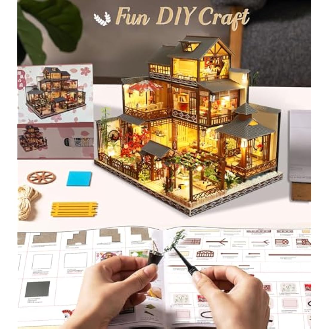Spilay Diy Miniature House Kit, Mini Handmade Doll House with LED & Dust Cover & Music Box, 1:24 Scale Creative Handmade Craft Gift for Adults & Teens (Age 14+) - Japanese Yaquan Courtyard P006