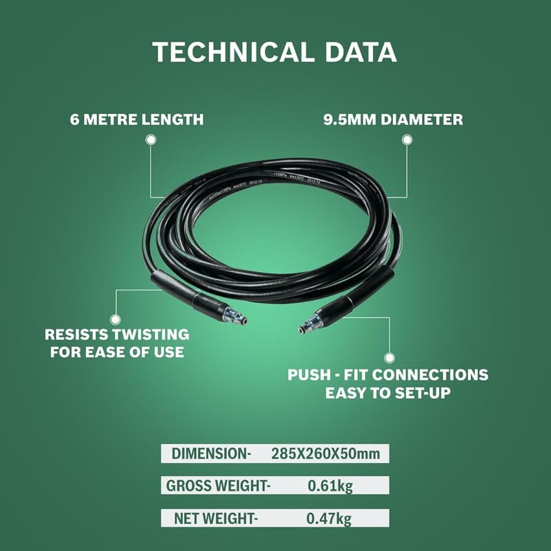 Bosch 6m High Pressure Hose (Compatible with Bosch Pressure Washers: EasyAquatak 110/120, UniversalAquatak 125/130/135, AQT 33-10, AQT 33-11, AQT 35-12, AQT 37-13, AQT 40-13, AQT 42-13)