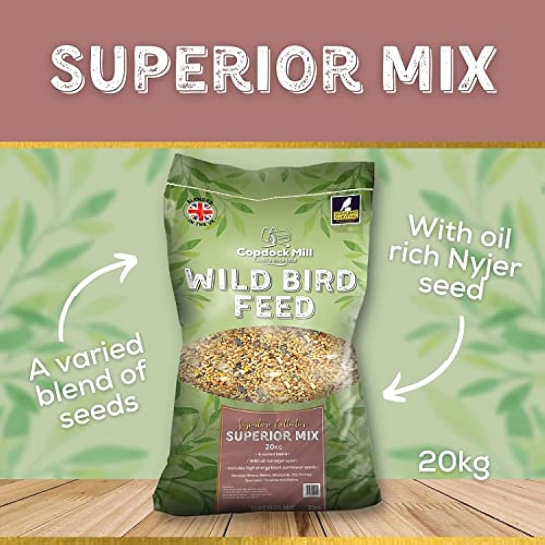 Copdock Mill Wild Bird Seed Superior Mix 20kg - All Year-Round Bird Seeds for Small Garden Birds - 100% Natural Nutritional Feed with Black Sunflower and Nyjer Seeds