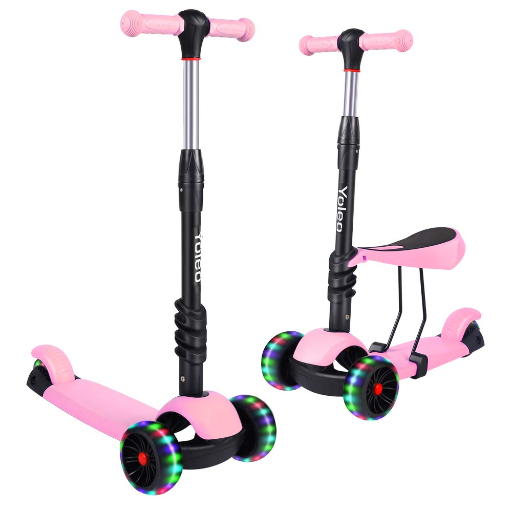 YOLEO Kids Three Wheel Kick Scooter with Removable Seat, LED Flashing Wheels, Height Adjustable, 3-in-1 Lightweight Children's Scooter Boys and Girls