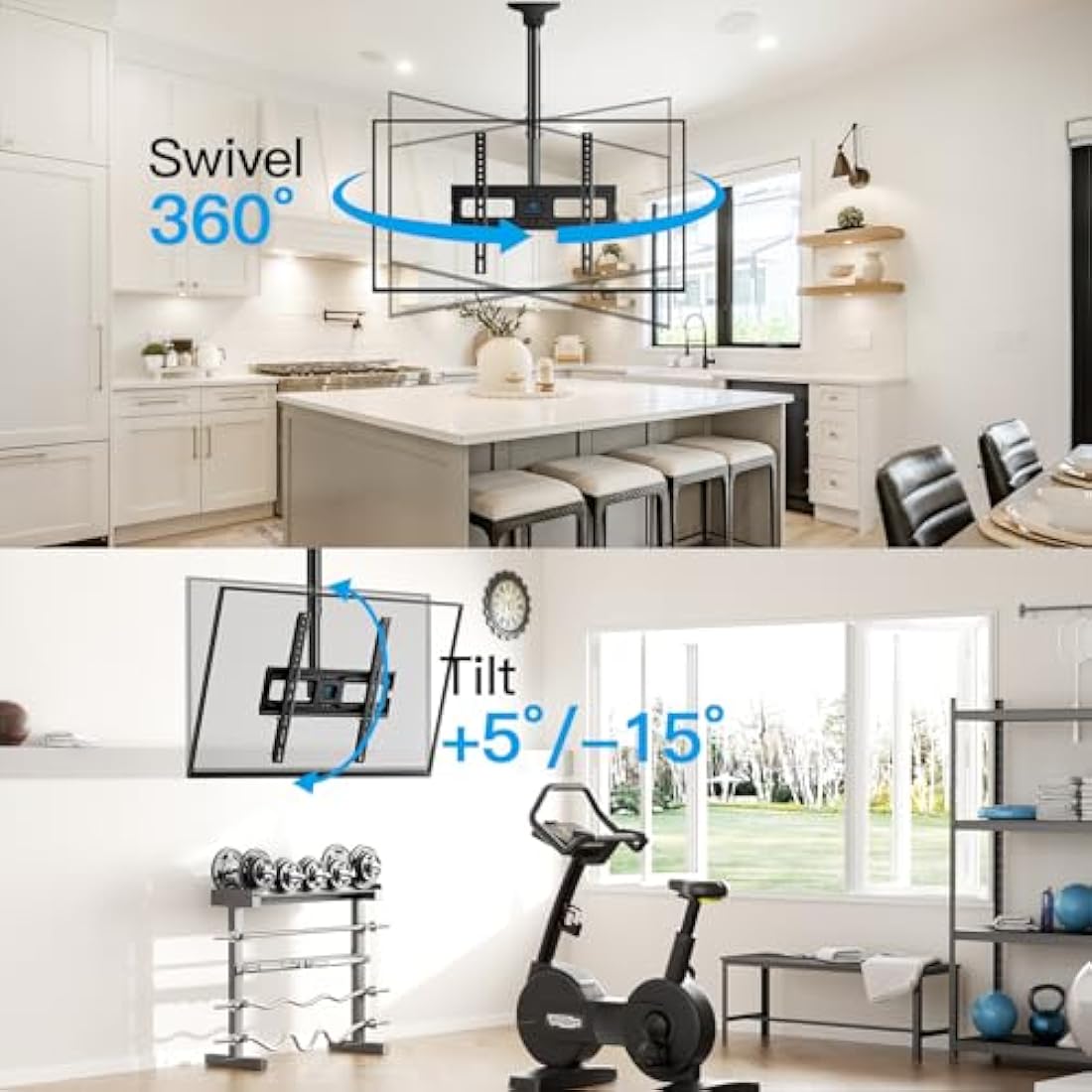 PERLESMITH Ceiling TV Bracket - Adjustable Swivel Ceiling Mount for Most 26-65 inch TVs, Full Motion Ceiling TV Mount, Supports up to 50kg, Max VESA 400x400mm, PSCM2-E
