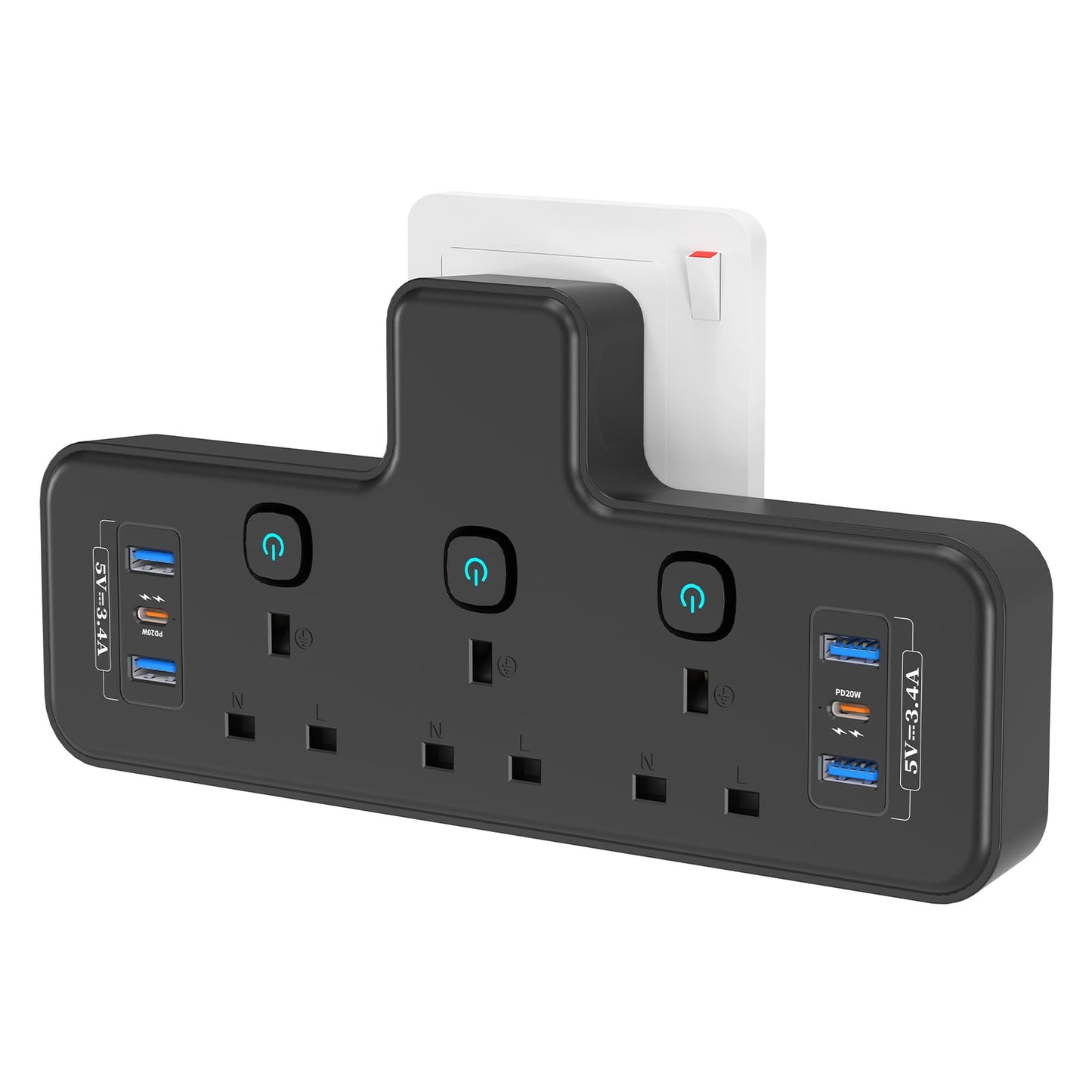 PD40W Total USB C Slots, 9 in 1 Multi Plug Adapter with 6 USB, PASSUS 3 Way Plug Extension Socket with Independent Switches, 13A UK Wall Adaptor