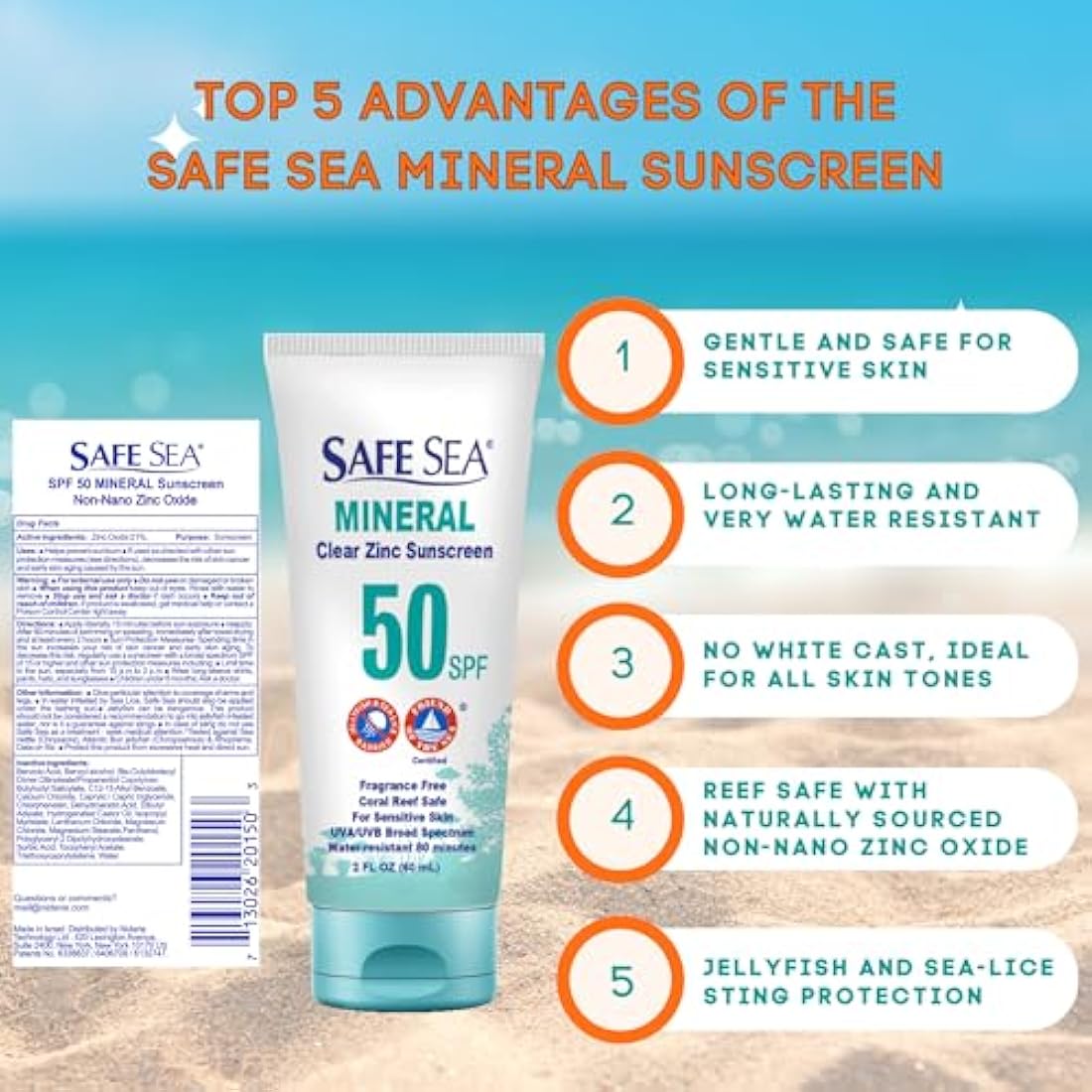 Safe Sea Zinc Oxide Sunscreen SPF50 | Clear Mineral Face Sunscreen Without White Cast | Anti-Jellyfish Sting Protective Lotion | Coral Reef Safe | Travel Size - 60ml (2 tubes)