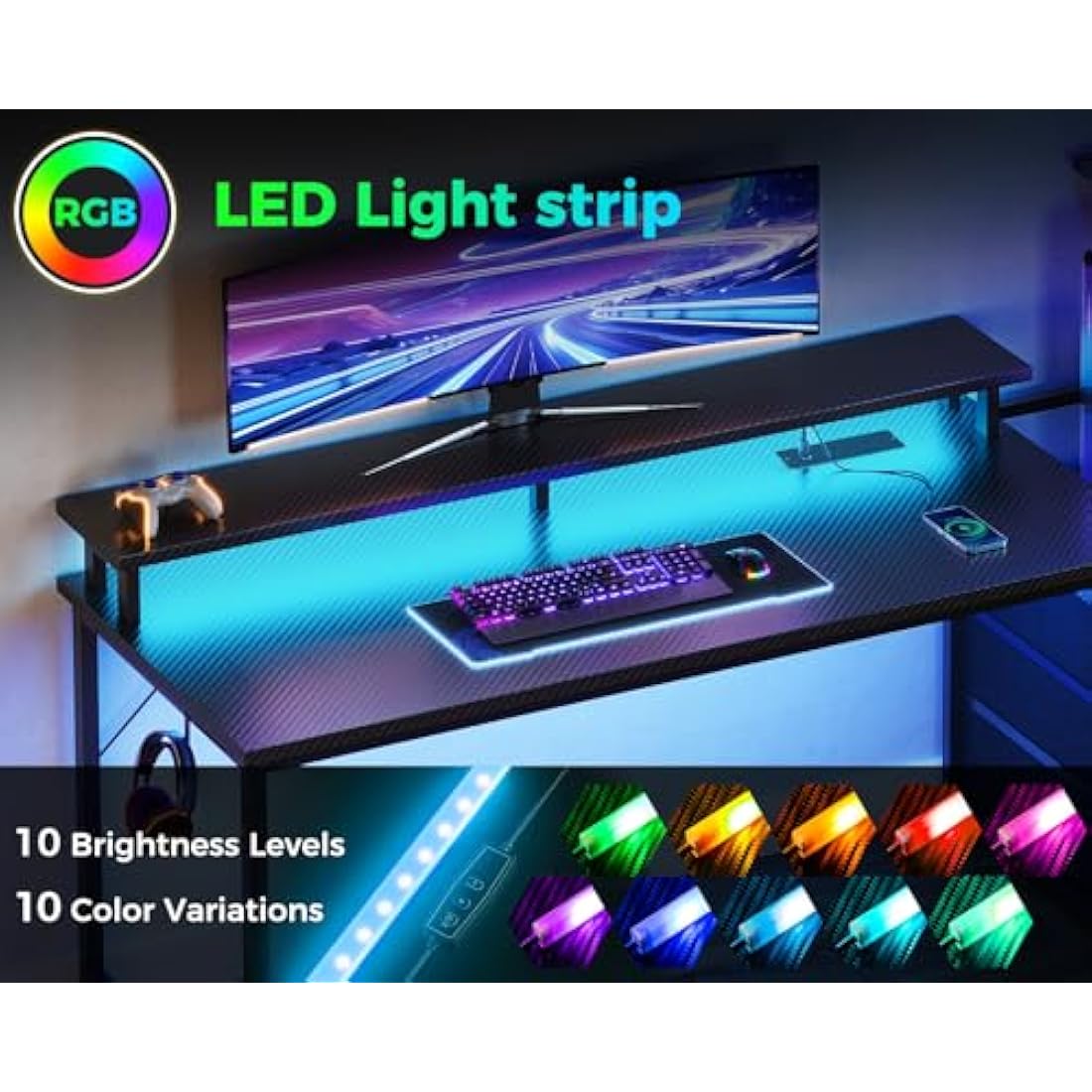 Coleshome 150×50 cm Gaming Desk with LED Lights & Power Outlet, Reversible Computer Desk with Drawers, Gaming Table with Storage & Monitor Stand, Carbon Fiber Black