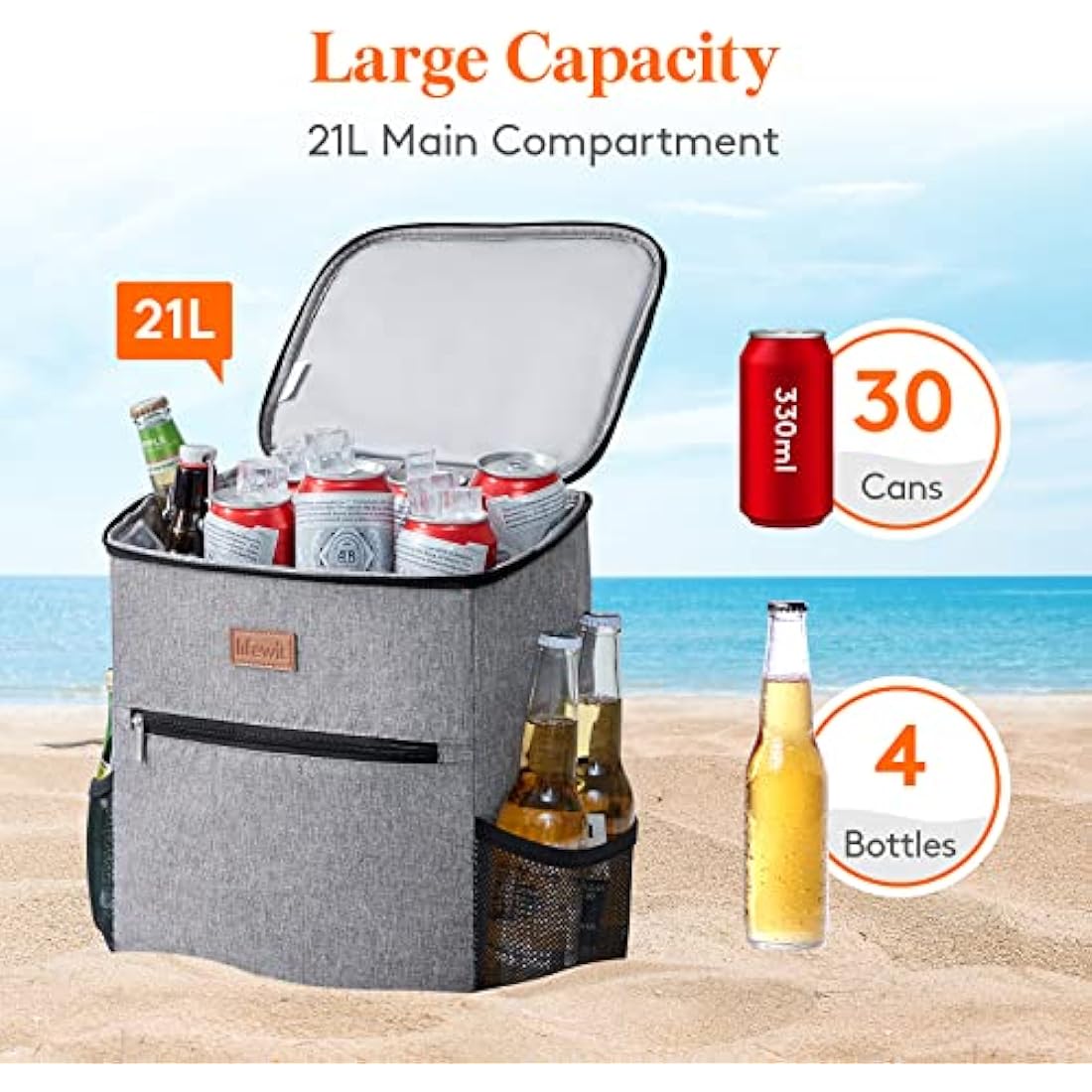 Lifewit Cooler Backpack Insulated Cool Bag Large Capacity Lunch Bag, Soft Cooler Lunch Box Soft-Sided Cooling Bag Backpack for Beach/Picnic/Camping/BBQ, Grey