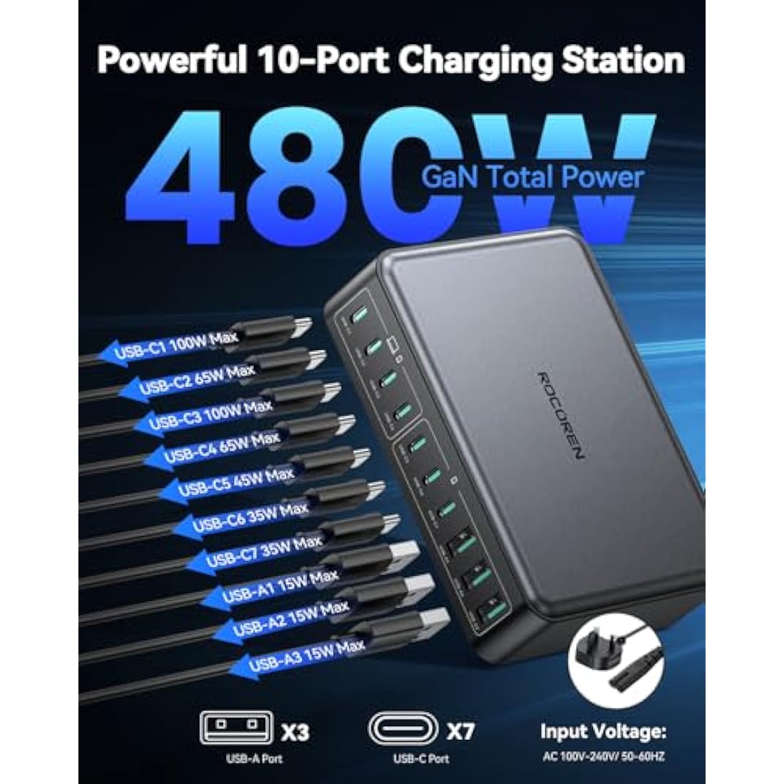 Rocoren 480W GaN USB C Charger Multiple, 10-Port PD100W QC4.0 PPS 4-Laptop Charger Station with 1.5m UK Extension Cord Compatible with MacBook, HP, iPad, iPhone, Sumsung Galaxy and More USB C Laptops
