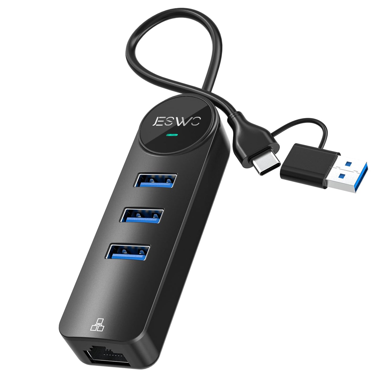 JESWO USB A/C to Ethernet Adapter, 4-in-2 USB C Hub with 1000Mbps Gigabit Ethernet +3 USB 3.0 Ports, RJ45 LAN Network Adapter for Mac OS, Chrome OS,